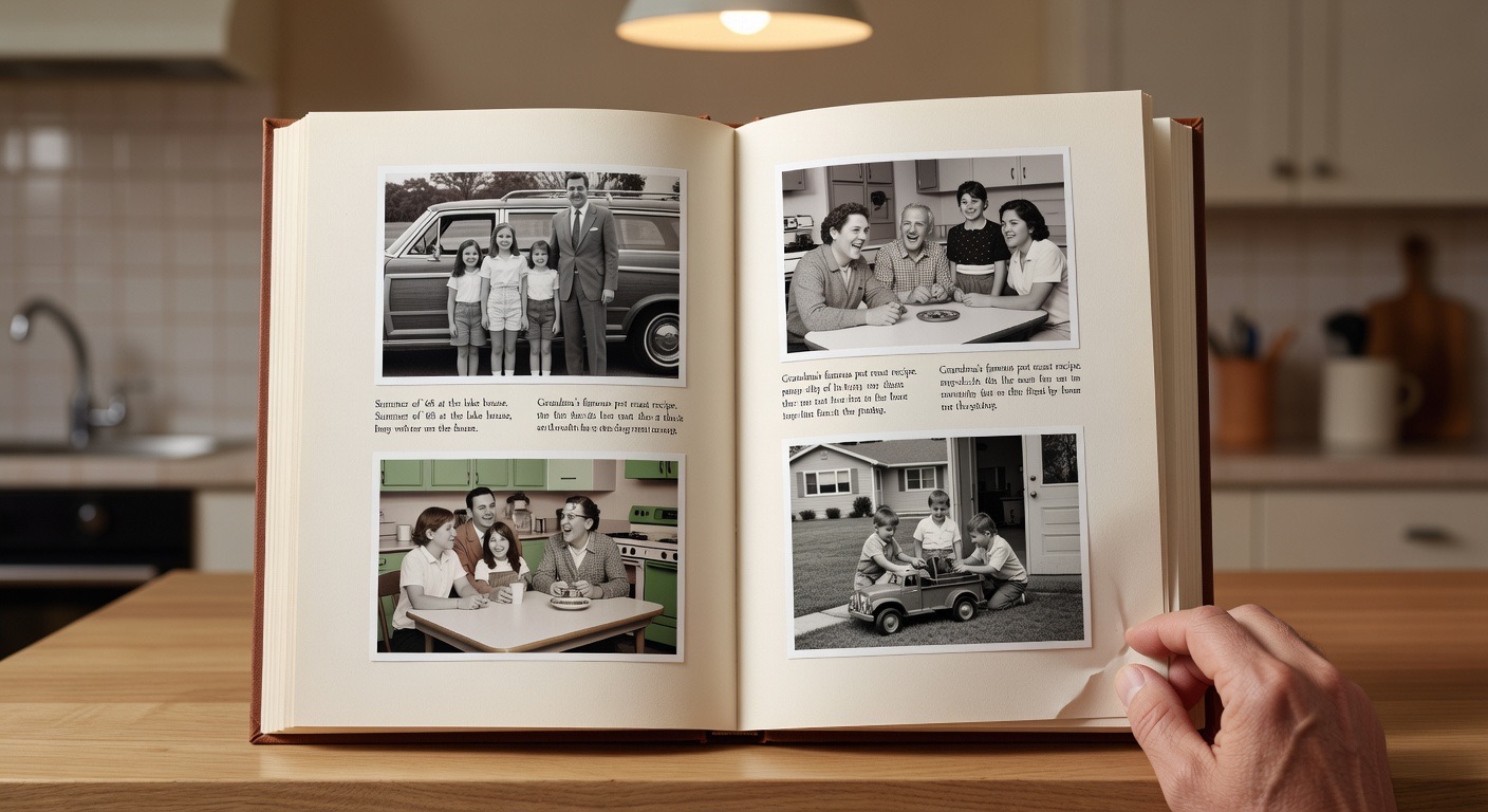 Open memoir showing vintage black and white family photos with handwritten captions